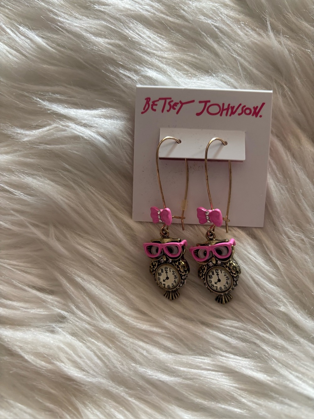 Betsey Johnson Pink Owl Clock Dangle Earrings